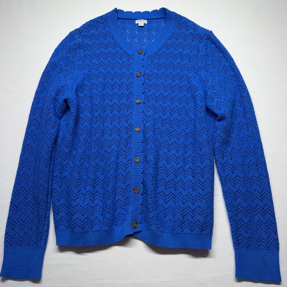 J.Crew XXL Blue Pointelle Cardigan Sweater 100% Cotton Scalloped Button Front - Picture 2 of 8